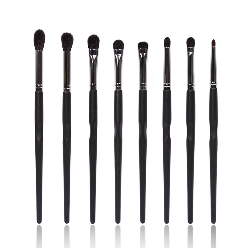 Dongshen high end black 8pcs eye make up brush set high quality goat hair pony hair wood finger print handle makeup brush set