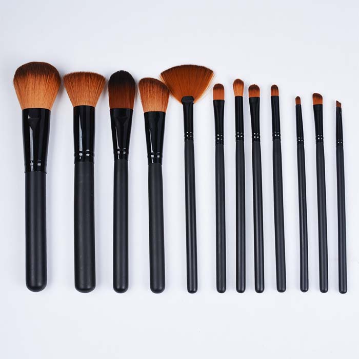 Dongshen private label high quality vegan synthetic hair 12pcs black wooden handle makeup brush set