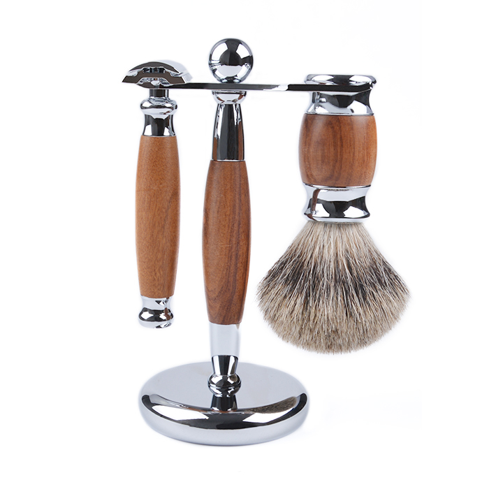 Dongshen luxury natural super badger hair shaving brush wood metal safety razor professional wet shaving set