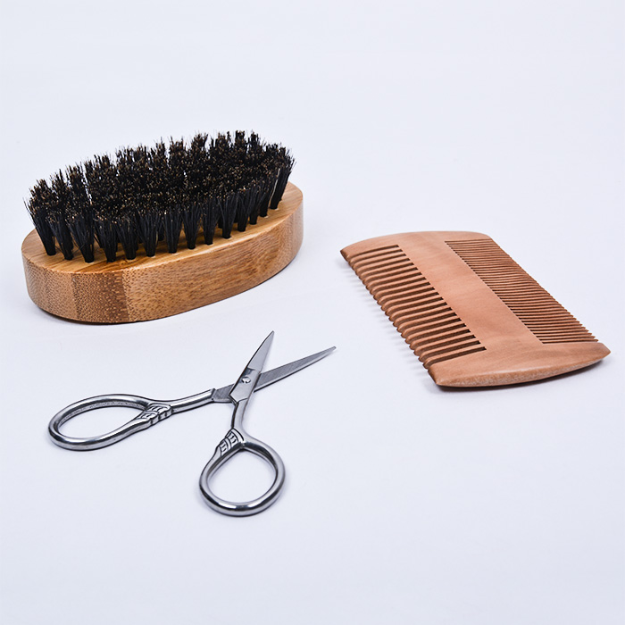 Dongshen wholesale men beard brush kit pure boar bristles beard brush natural wood beard comb stainless steel beard scissors